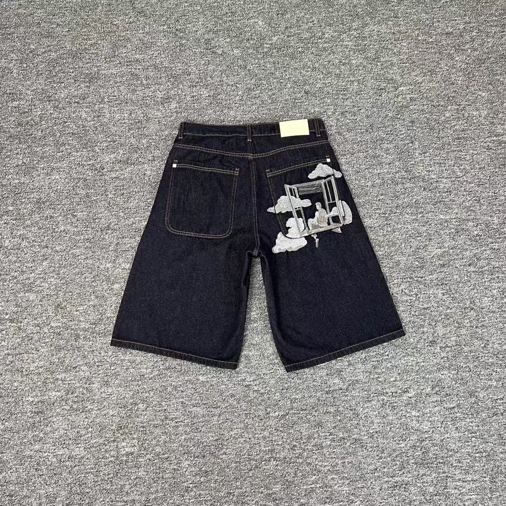 Casual Wide-Leg Denim Pants with Embroidery