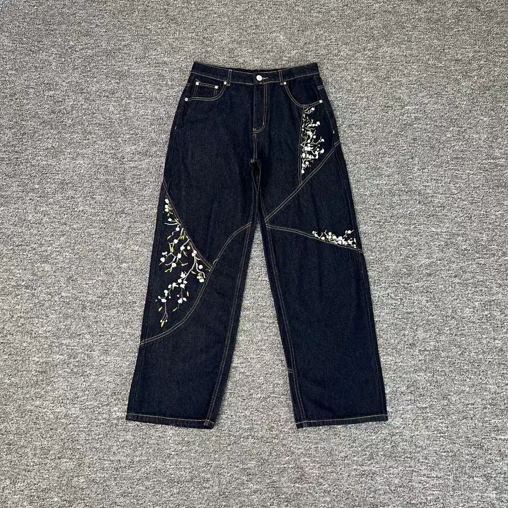 Casual Wide-Leg Denim Pants with Embroidery