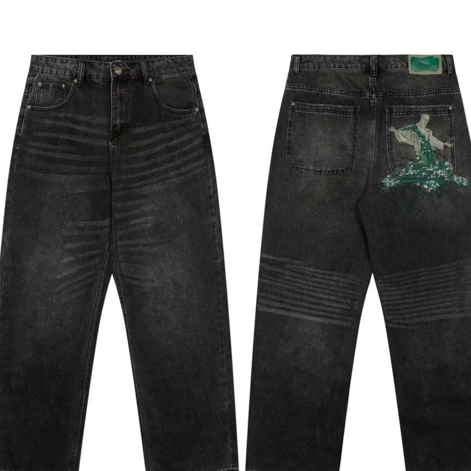 Casual Wide-Leg Denim Pants with Embroidery