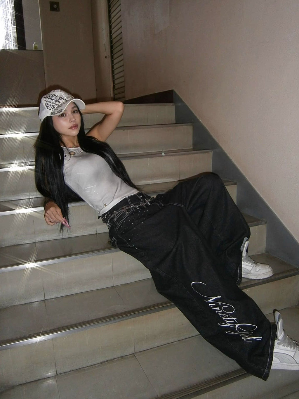 Embroidered Angel Wings Denim Pants