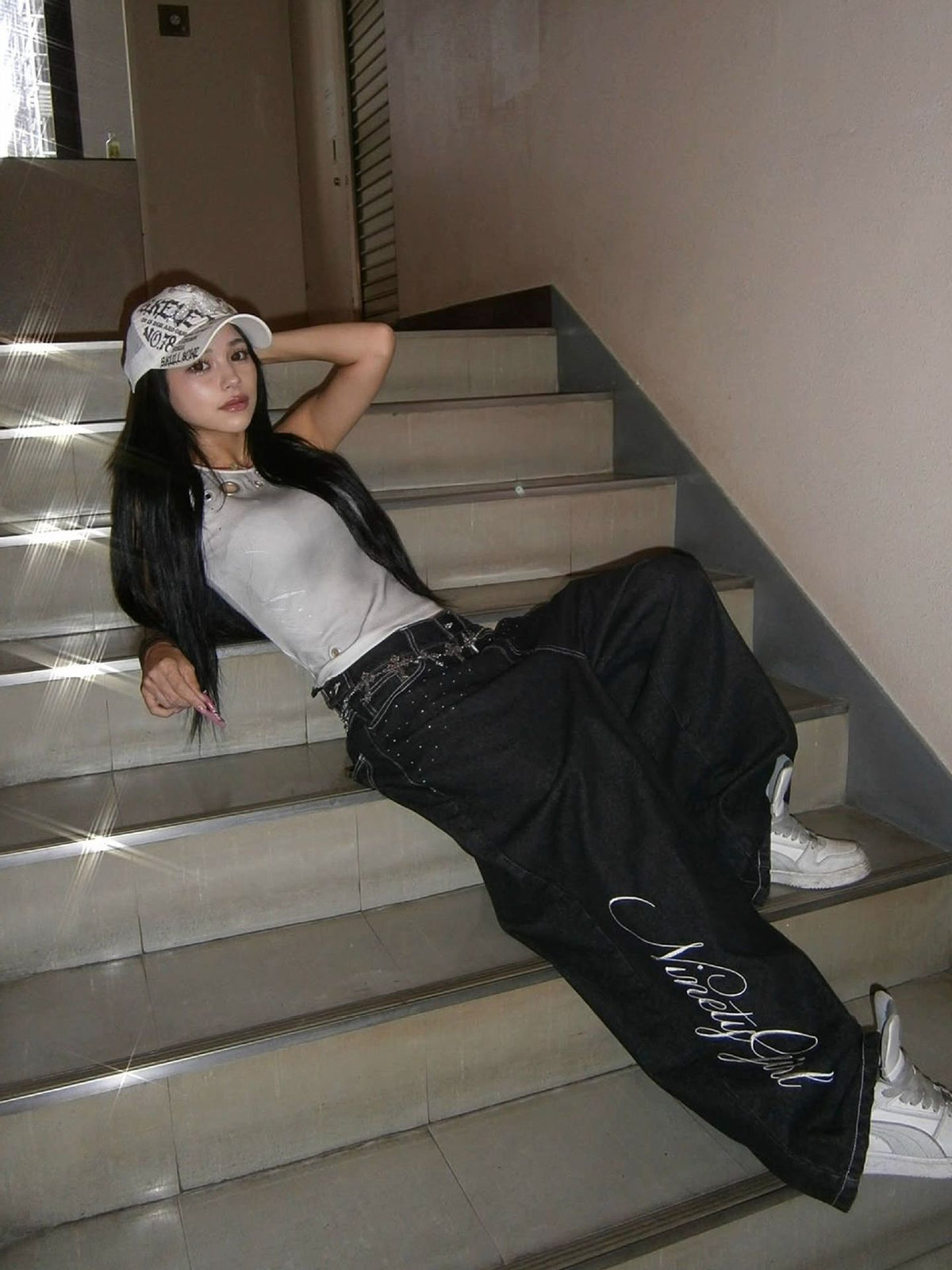 Embroidered Angel Wings Denim Pants