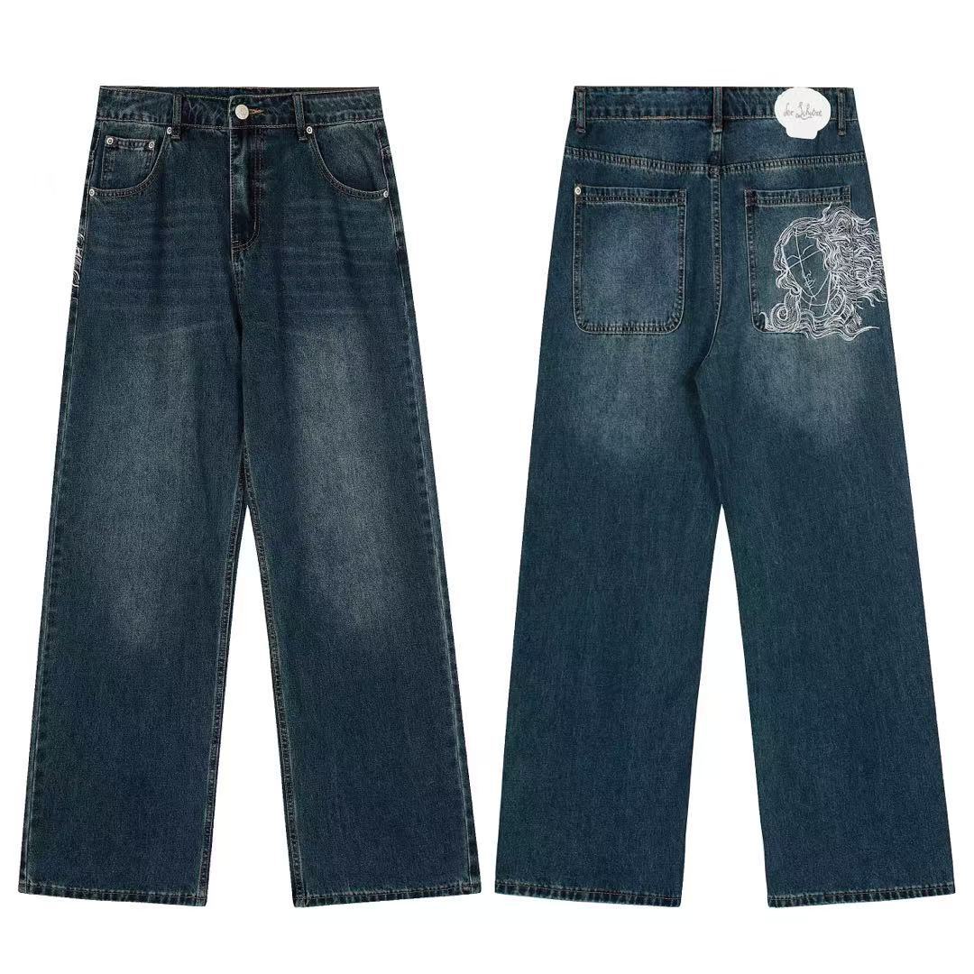 Casual Wide-Leg Denim Pants with Embroidery