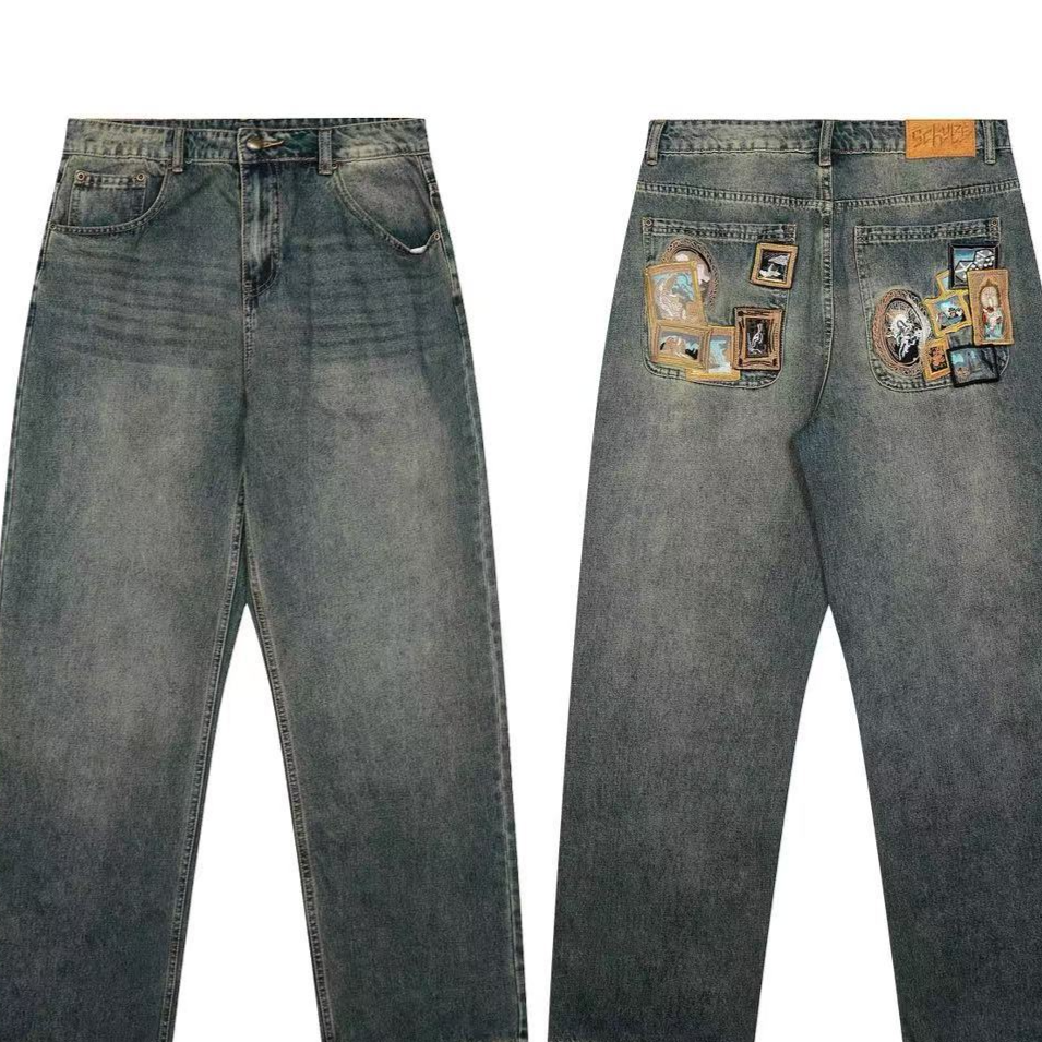 Casual Wide-Leg Denim Pants with Embroidery
