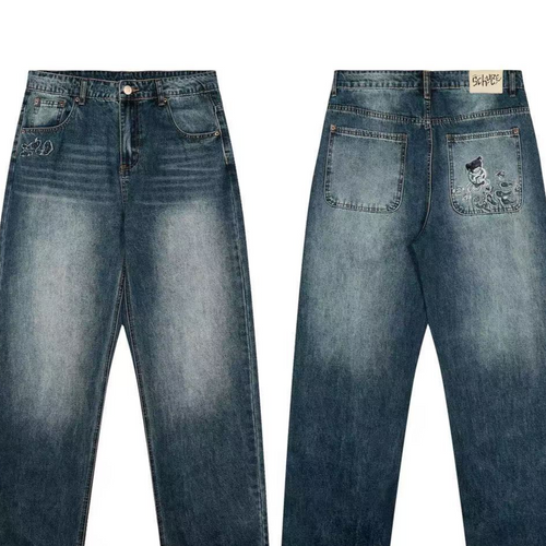 Casual Wide-Leg Denim Pants with Embroidery