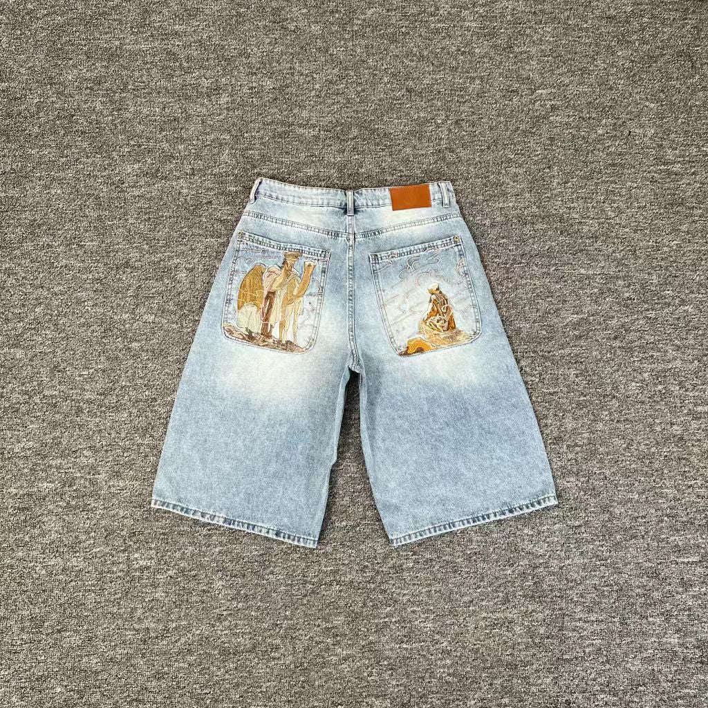 Casual Wide-Leg Denim Pants with Embroidery