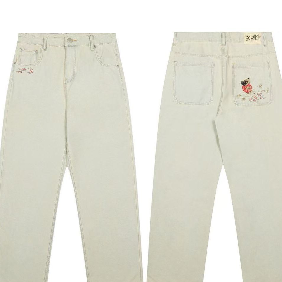 Casual Wide-Leg Denim Pants with Embroidery