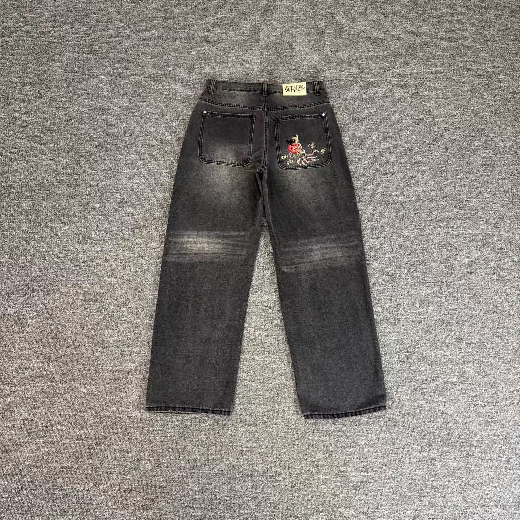 Casual Wide-Leg Denim Pants with Embroidery