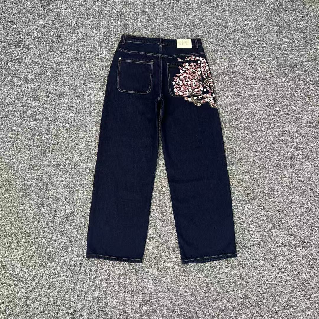 Casual Wide-Leg Denim Pants with Embroidery