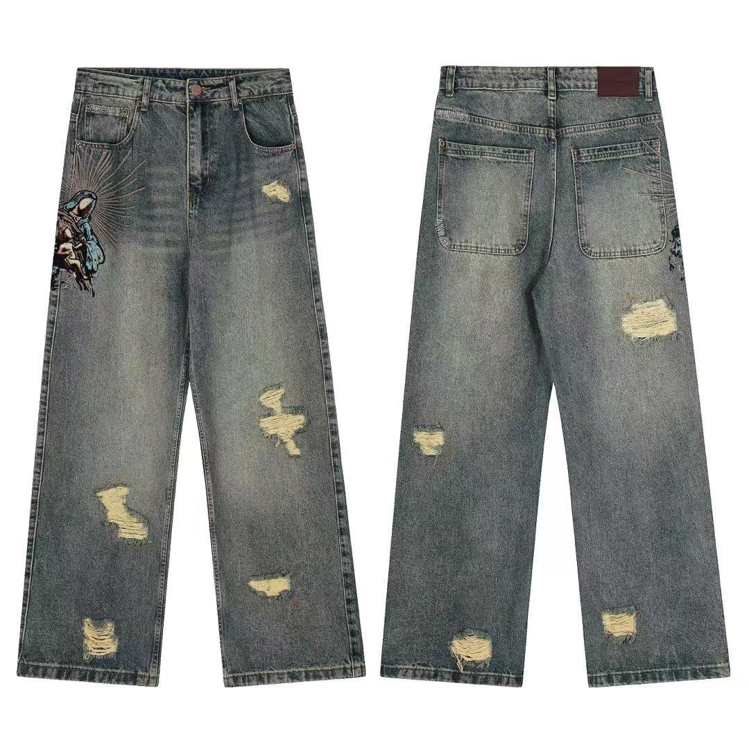 Casual Wide-Leg Denim Pants with Embroidery