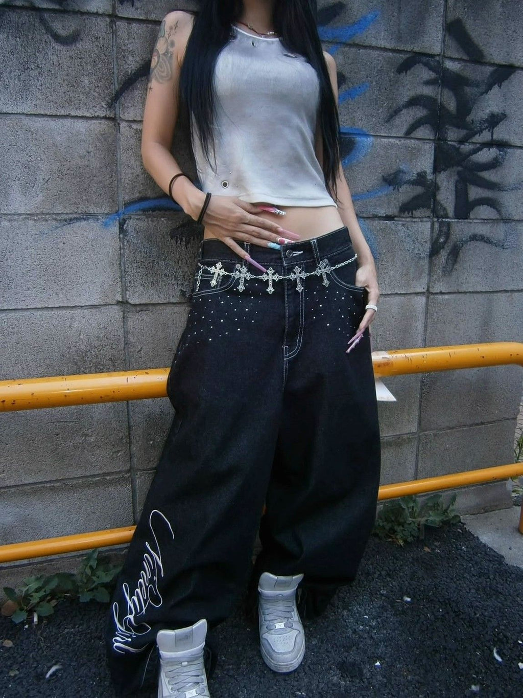 Embroidered Angel Wings Denim Pants