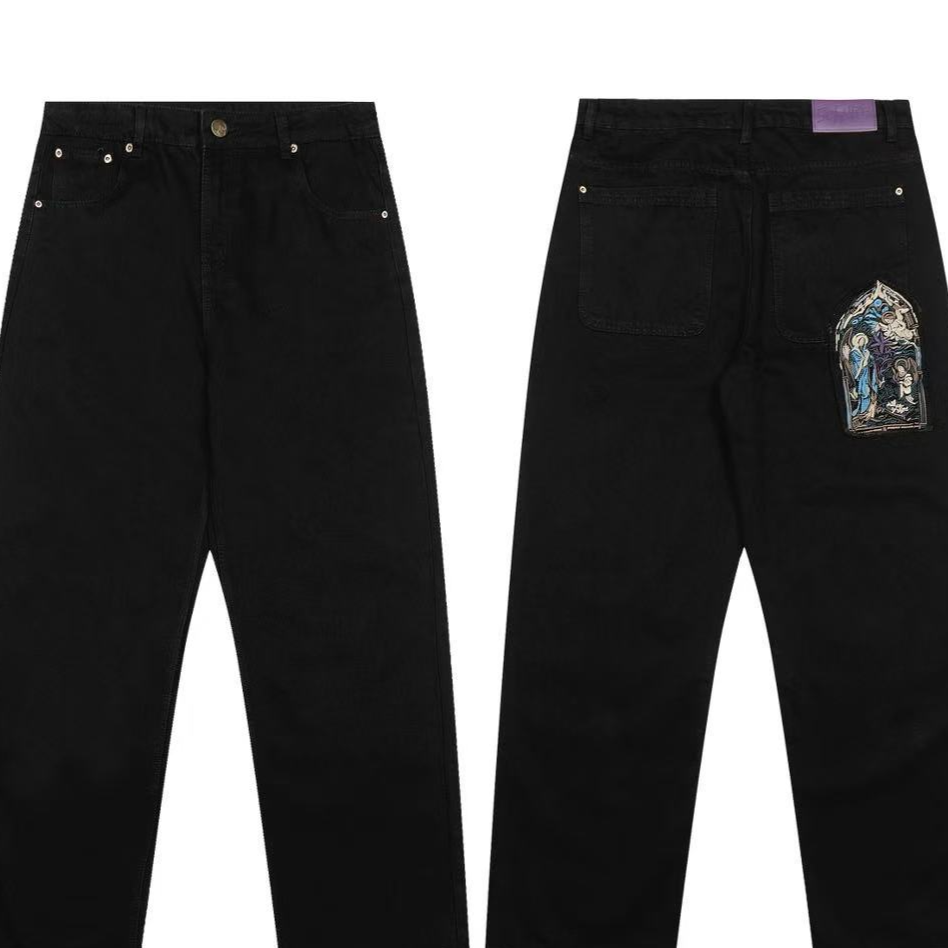 Casual Wide-Leg Denim Pants with Embroidery