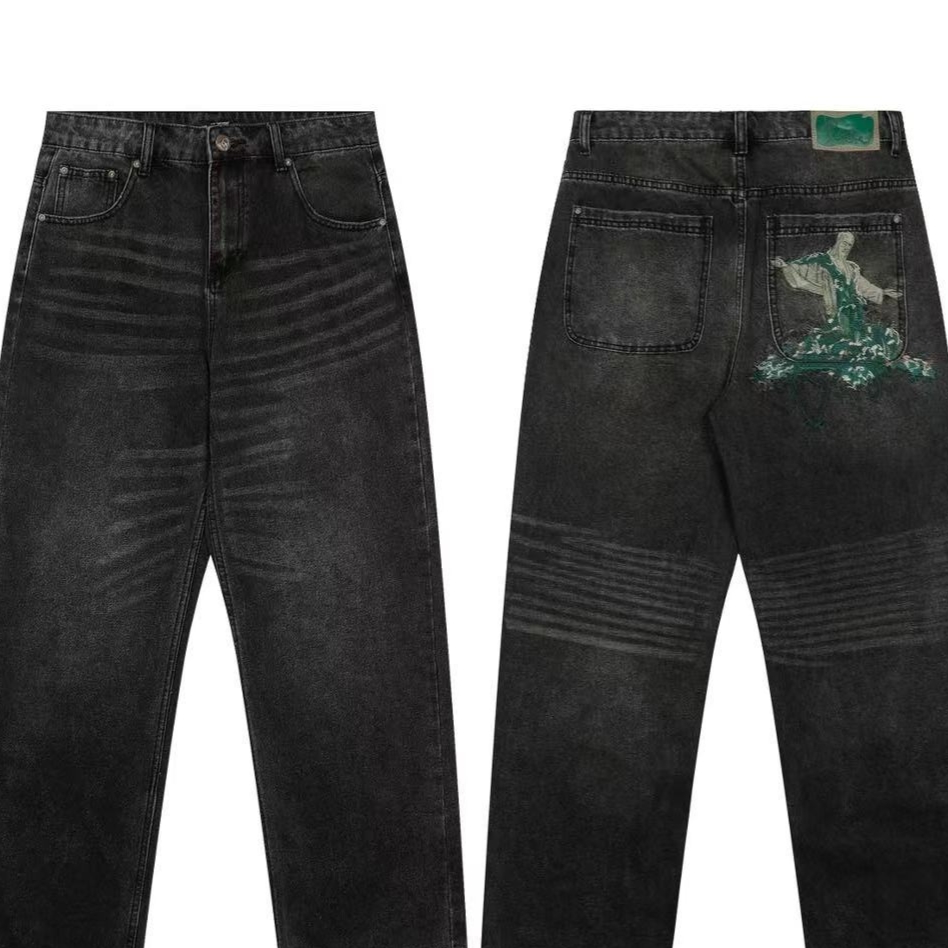 Casual Wide-Leg Denim Pants with Embroidery