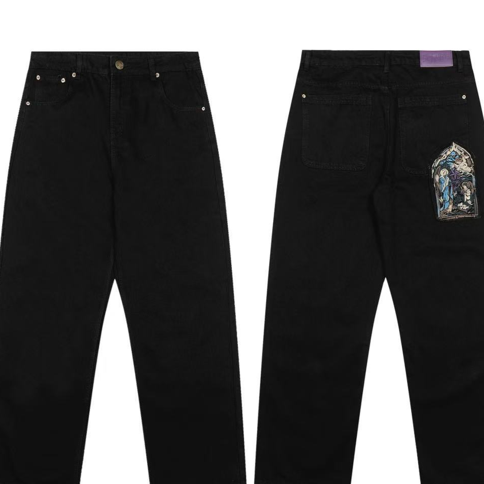 Casual Wide-Leg Denim Pants with Embroidery