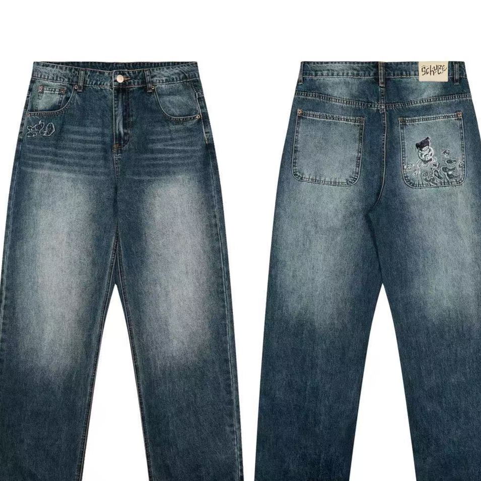 Casual Wide-Leg Denim Pants with Embroidery