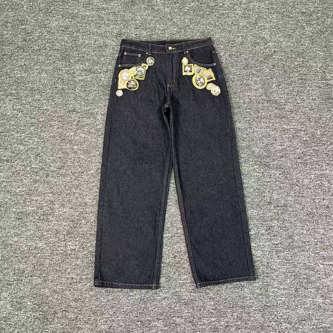 Casual Wide-Leg Denim Pants with Embroidery