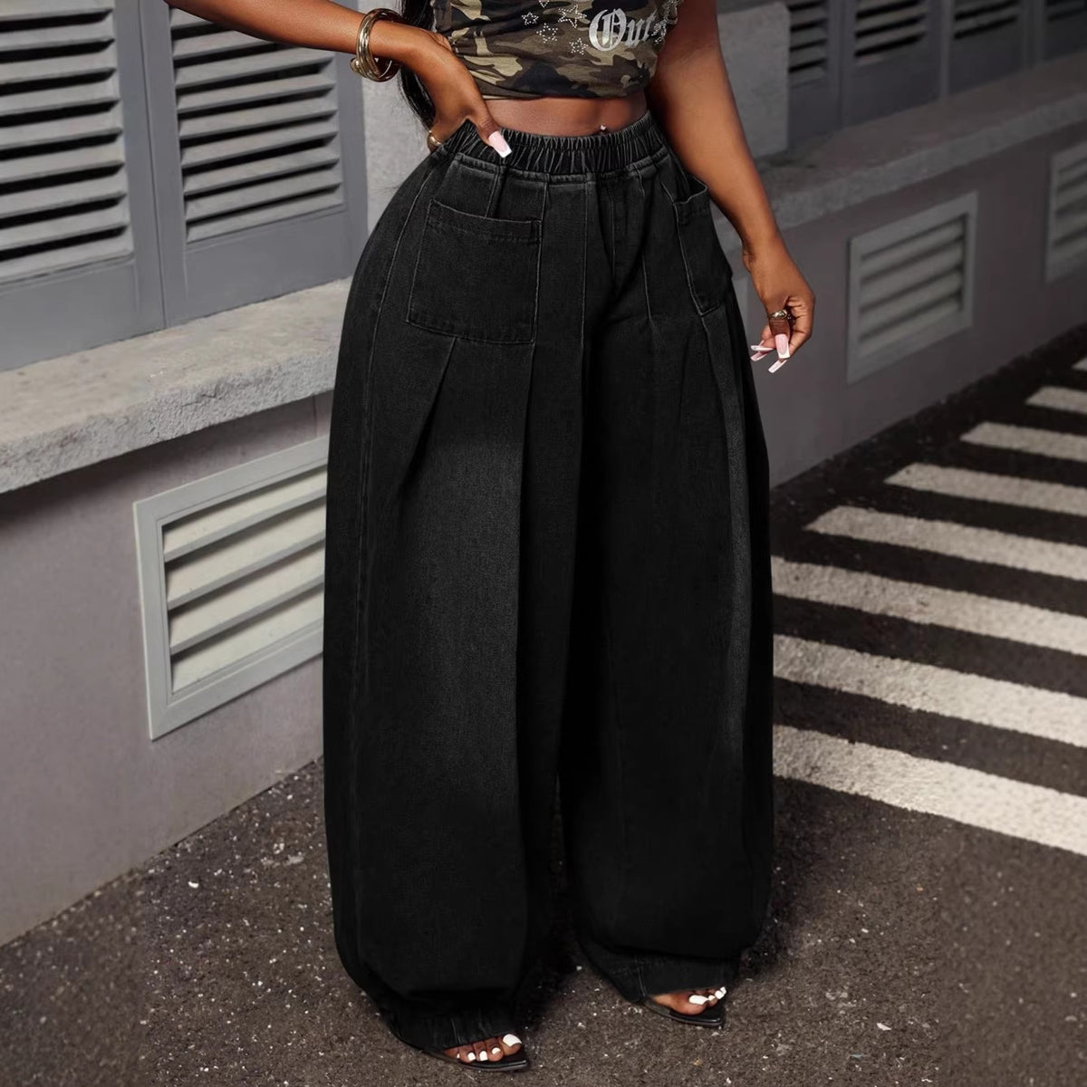 Vintage Washed Blue Wide-Leg Denim Pants