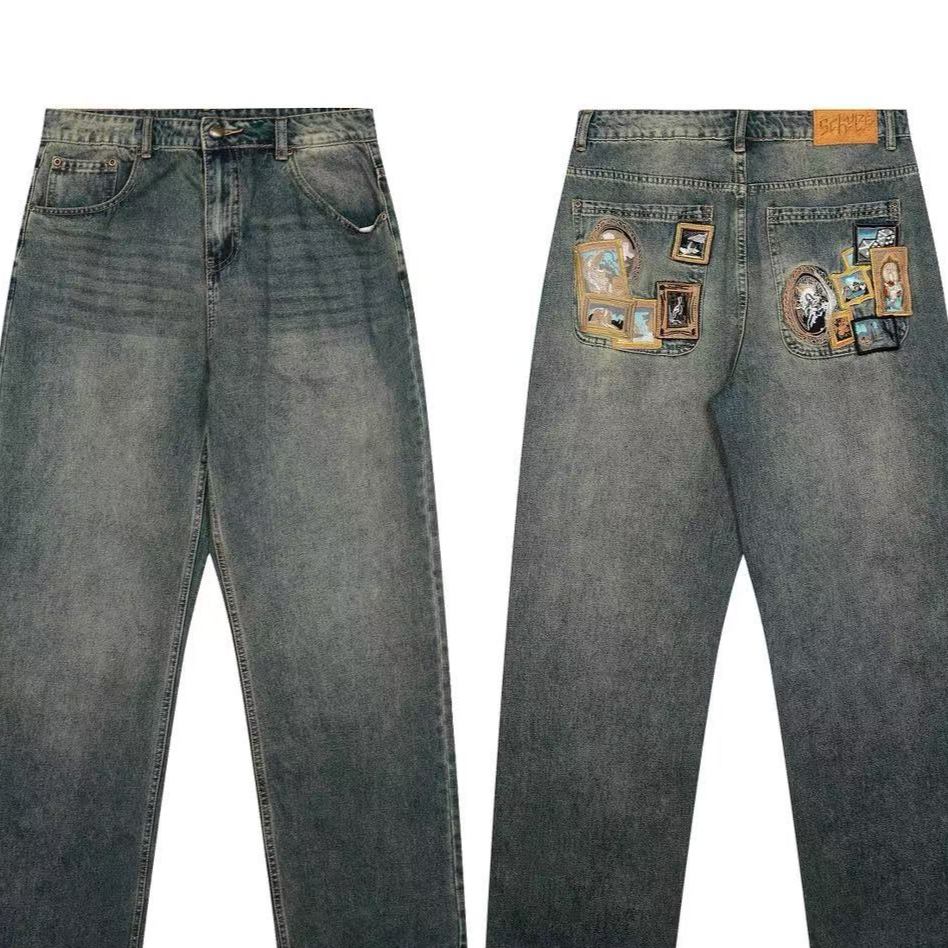 Casual Wide-Leg Denim Pants with Embroidery