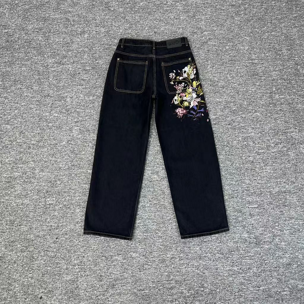 Casual Wide-Leg Denim Pants with Embroidery