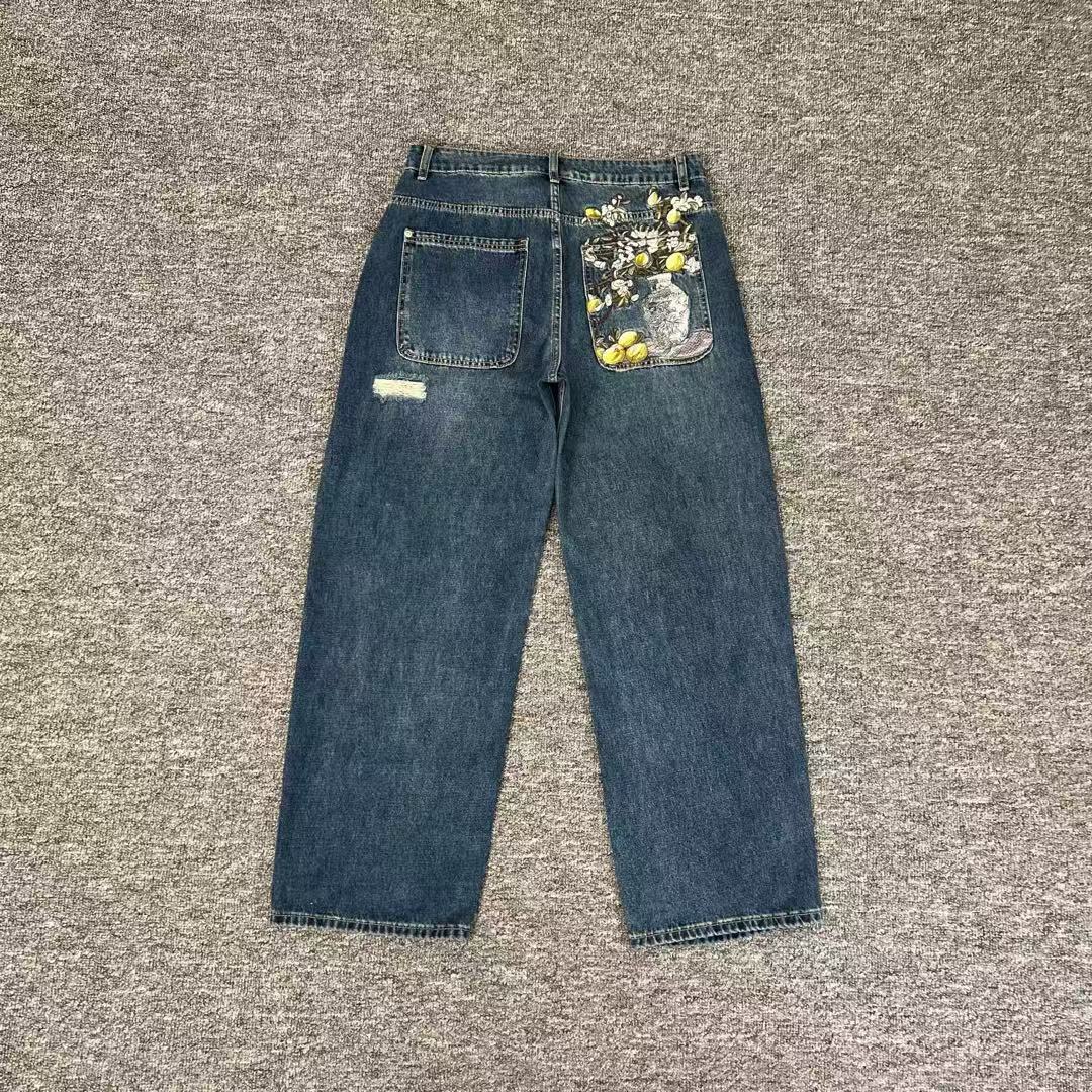 Casual Wide-Leg Denim Pants with Embroidery